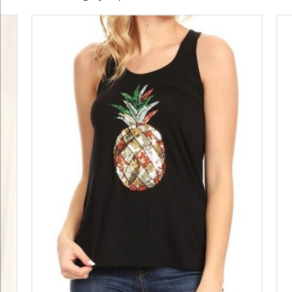 Soft black tank with sequin pineapple.